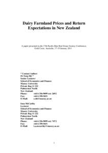 Dairy Farmland Prices and Return Expectations in New Zealand A paper presented in the 17th Pacific Rim Real Estate Society Conference, Gold Coast, Australia, 17-19 January 2011