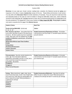 Fairfield Central High School’s Summer Reading Dialectal Journal Summer 2014 Directions: As you read your chosen summer reading book, complete this Dialectal Journal by typing your responses in this chart or create a h