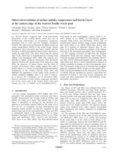 GEOPHYSICAL RESEARCH LETTERS, VOL. 33, L06601, doi:2005GL024772, 2006  Observed correlation of surface salinity, temperature and barrier layer at the eastern edge of the western Pacific warm pool Christophe Maes,