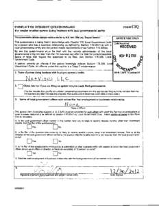 CONFLICT OF INTEREST QUESTIONNAIRE For vendor or other person doing business with local governmental entity Thl$ questionnaire reflects changes made to the law by H. B. 1491, BOth Leg., Regular Session. FORMCIQ