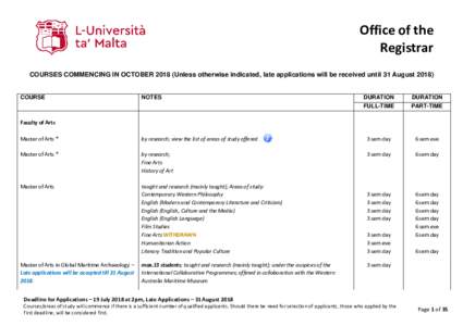 Office of the Registrar COURSES COMMENCING IN OCTOBERUnless otherwise indicated, late applications will be received until 31 AugustCOURSE