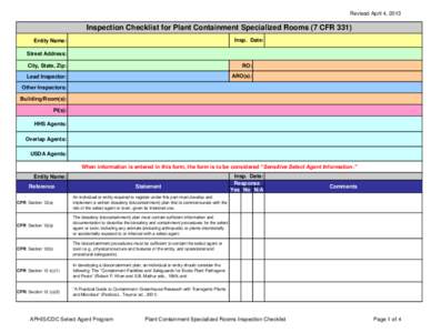 Inspection Checklist for Plant Containment Specialized Rooms (7 CFR 331)