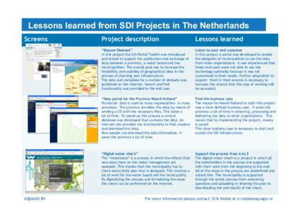 Lessons learned from SDI Projects in The Netherlands Screens Project description  Lessons learned