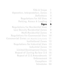 Title & Scope Operation, Interpretation, Zones Definitions Regulations for All Uses Parking, Access & Loading Signs