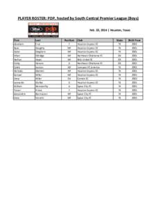 PLAYER ROSTER: PDP, hosted by South Central Premier League (Boys) Feb. 23, 2014 | Houston, Texas First Last