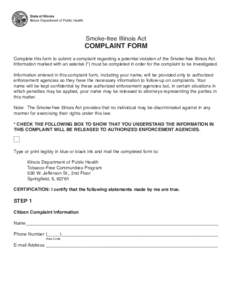 State of Illinois Illinois Department of Public Health Smoke-free Illinois Act  COMPLAINT FORM