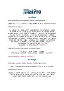 Al Alloys The Al alloys module in JMatPro deals with the following elements: Al B Bi C Ca Co Cr Cu Fe H La Li Mg Mn Mo Ni Pb Sc Si Sn Sr Ti V Zn Zr and the following phases: