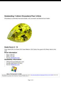 Outstanding 11x8mm Chrysoberyl Pear 3.43cts Chrysoberyl is extremely hard and durable, only corundum and diamond are harder. Grade Score[removed]Color Good[removed]Cut Good[removed]Carat Medium[removed]Clarity Very good[removed]R