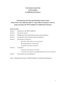 Irish National Contact Point OECD Guidelines for Multinational Enterprises. Final Statement of the Irish and Netherlands National Contact Points (NCPs) on the notification dated 21st August, 2008 concerning the Corrib Ga