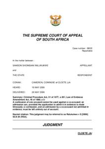 THE SUPREME COURT OF APPEAL OF SOUTH AFRICA Case number : 98/05 Reportable  In the matter between :