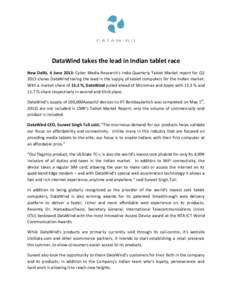 DataWind takes the lead in Indian tablet race New Delhi, 4 June 2013: Cyber Media Research’s India Quarterly Tablet Market report for Q1 2013 shows DataWind taking the lead in the supply of tablet computers for the Ind