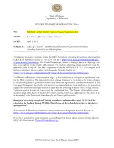 State of Arizona Department of Education SCHOOL FINANCE MEMORANDUM 12-0xx TO:  Littlefield Unified District, Mohave County Superintendent