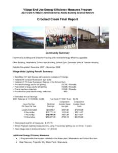 Village End Use Energy Efficiency Measures Program AEA Grant # [removed]Administered by Alaska Building Science Network Crooked Creek Final Report  Community Summary