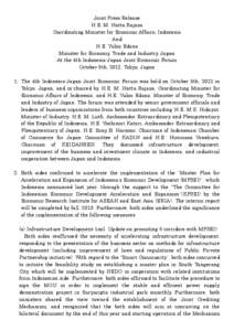 Joint Press Release H.E. M. Hatta Rajasa Coordinating Minister for Economic Affairs, Indonesia And H.E. Yukio Edano Minister for Economy, Trade and Industry, Japan