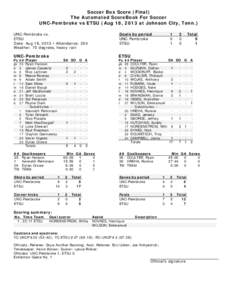 Soccer Box Score (Final) The Automated ScoreBook For Soccer UNC-Pembroke vs ETSU (Aug 18, 2013 at Johnson City, Tenn.) UNC-Pembroke vs. ETSU Date: Aug 18, 2013 • Attendance: 254