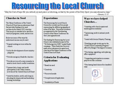 “May the God of hope fill you with all joy and peace in believing, so that by the power of the Holy Spirit you may abound in hope.” ~ Romans 15:13 Churches in Need  Expectations