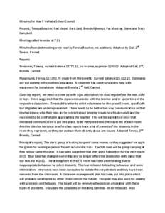 Minutes for May 9 Valhalla School Council Present; Teresa Boucher, Gail Stedel, Barb Lind, Brenda Kjhemus, Pat Moutray, Steve and Tracy Campbell. Meeting called to order at 7:11 Minutes from last meeting were read by Ter