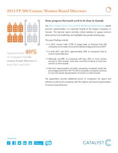 2013 FP 500 Census: Women Board Directors Some progress but much work to be done in Canada The 2013 Catalyst Census: Financial Post 500 Women Board Directors details women’s representation on corporate boards at the la