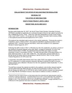 Evaluation By The Office Of Nuclear Reactor Regulation On Behalf Of  The Office Of New Reactors South Texas Project, Units 3 And 4.