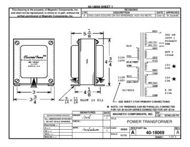 [removed]SHEET 1 REVISIONS DESCRIPTION LTR A CHG LEAD COLORS ON 15V WINDINGS. ADD 15V NOTE.