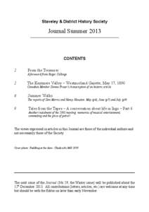 Staveley & District History Society  Journal Summer 2013 ___________________________________________________________  CONTENTS