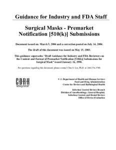 Guidance on Surgical Masks - Premarket Notification [510(k)] Submissions