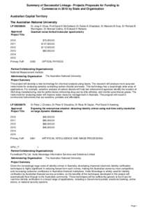 Summary of Successful Linkage - Projects Proposals for Funding to Commence in 2010 by State and Organisation Australian Capital Territory The Australian National University Dr Jong H Chow, Prof David E McClelland, Dr Dan