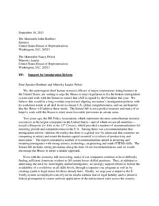 September 10, 2013 The Honorable John Boehner Speaker United States House of Representatives Washington, D.C[removed]The Honorable Nancy Pelosi