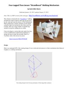 Four-Legged Theo Jansen “Strandbeest” Walking Mechanism by Scott Allen Burns Published January 16, 2015, updated August 15, 2015. Note: This is a PDF version of the web page:  http://scottburns.us/walking-mechanism/