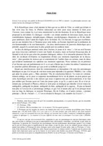 PHILÈBE Extrait d’un ouvrage non publié de Bernard SUZANNE écrit en 1993 et intitulé « Le philosophe retrouvé, une (autre) lecture des dialogues de Platon ». Si la République nous a fait miroiter le bien qui es