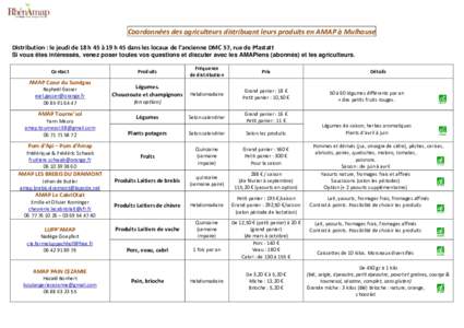 Coordonnées des agriculteurs distribuant leurs produits en AMAP à Mulhouse Distribution : le jeudi de 18 h 45 à 19 h 45 dans les locaux de l’ancienne DMC 57, rue de Pfastatt Si vous êtes intéressés, venez poser t