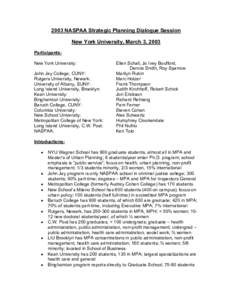 2003 NASPAA Strategic Planning Dialogue Session New York University, March 3, 2003 Participants: New York University: John Jay College, CUNY: Rutgers University, Newark: