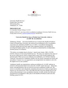 University Health Services Florida State University 960 learning Way Tallahassee, FLPRESS RELEASE For Immediate Release February 18, 2015