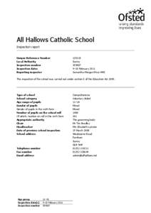 All Hallows Catholic School Inspection report Unique Reference Number Local Authority Inspection number