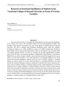 International Journal of Education and Research  Vol. 3 No. 2 February 2015 Research on Emotional Intelligence of Students in the Vocational Colleges of Kocaeli University in Terms of Various