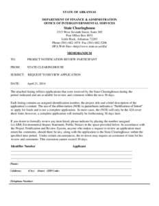 STATE OF ARKANSAS DEPARTMENT OF FINANCE & ADMINISTRATION OFFICE OF INTERGOVERNMENTAL SERVICES State Clearinghouse 1515 West Seventh Street, Suite 305
