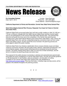 CALIFORNIA DEPARTMENT OF PARKS AND RECREATION  News Release For Immediate Release Date: April 4, 2012