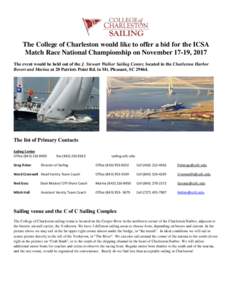 The College of Charleston would like to offer a bid for the ICSA Match Race National Championship on November 17-19, 2017 The event would be held out of the J. Stewart Walker Sailing Center, located in the Charleston Har