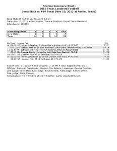 Scoring Summary (Final[removed]Texas Longhorn Football Iowa State vs #19 Texas (Nov 10, 2012 at Austin, Texas)