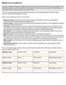 Master list of medicines You can complete the highlighted fields on this form online and then print the form for easy reference. Only text that is visible on the form is printed; scrolled text will not print. Any text yo