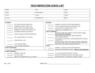 TECH INSPECTION CHECK LIST DRIVER CAR  CAR#