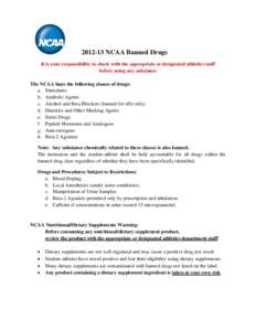 [removed]NCAA Banned Drugs It is your responsibility to check with the appropriate or designated athletics staff before using any substance The NCAA bans the following classes of drugs: a. Stimulants b. Anabolic Agents