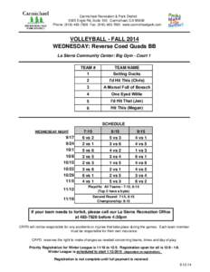 Carmichael Recreation & Park District 5325 Engle Rd, Suite 100 Carmichael, CA[removed]Phone: ([removed]Fax: ([removed]www.carmichaelpark.com VOLLEYBALL - FALL 2014 WEDNESDAY: Reverse Coed Quads BB