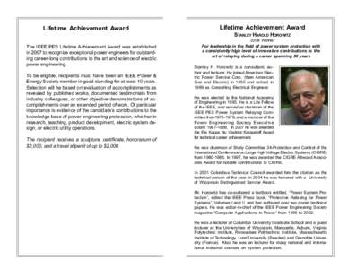 Lifetime Achievement Award  Lifetime Achievement Award STANLEY HAROLD HOROWITZ  The IEEE PES Lifetime Achievement Award was established