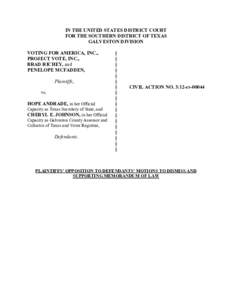 IN THE UNITED STATES DISTRICT COURT FOR THE SOUTHERN DISTRICT OF TEXAS GALVESTON DIVISION VOTING FOR AMERICA, INC., PROJECT VOTE, INC., BRAD RICHEY, and