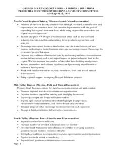 OREGON SOLUTIONS NETWORK – REGIONAL SOLUTIONS PRIORITIES IDENTIFIED BY REGIONAL ADVISORY COMMITTEES As of April 21, 2014 North Coast Region (Clatsop, Tillamook and Columbia counties) • Promote and sustain healthy com