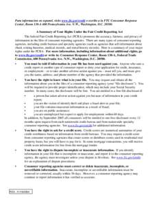 Para informacion en espanol, visite www.ftc.gov/credit o escribe a la FTC Consumer Response Center, Room 130-A 600 Pennsylvania Ave. N.W., Washington, D.C[removed]A Summary of Your Rights Under the Fair Credit Reporting 