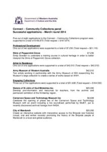 Connect – Community Collections panel Successful applications – March round 2014 Five out of eight applications to the Connect – Community Collections program were supported to a total of $100,870 (Total request = 