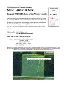 MN Department of Natural Resources  State Lands for Sale Property #[removed]: Lake of the Woods County  Property Data