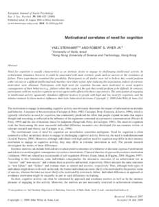 European Journal of Social Psychology Eur. J. Soc. Psychol. 39, 608–Published online 26 August 2008 in Wiley InterScience (www.interscience.wiley.com) DOI: ejsp.565  Motivational correlates of need f